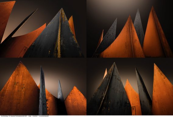Ute Scherhag - Annahme - Jurorensonderpreis Abstrakte geometrische Formen in Schwarz und Orange, die an Berggipfel erinnern.